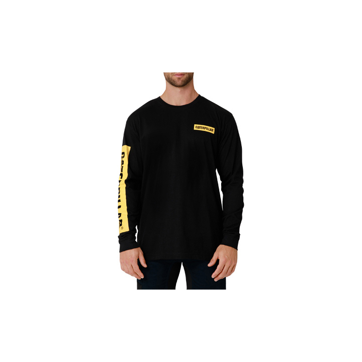 Caterpillar Icon Block Long Sleeve - Mens T-Shirts - Black/Yellow - NZ (152LIKHZX)